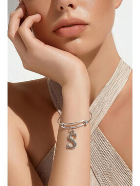 Silver Tone Metal Bangle Charm Bracelet, Adjustable Hook, Letter S Dangle, 2.5"